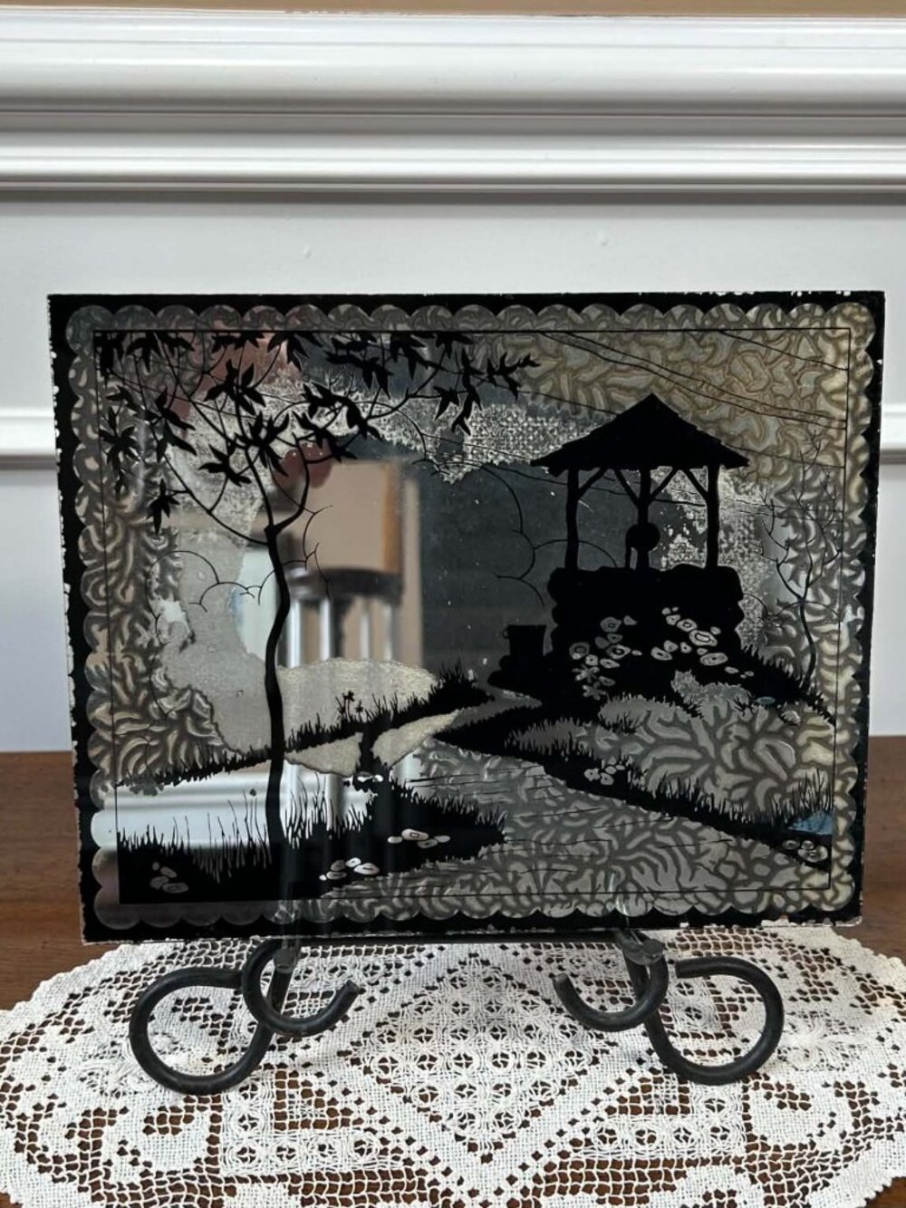 Vintage Art Deco Reverse Painted Wishing Well Silhouette Mirror 8x10